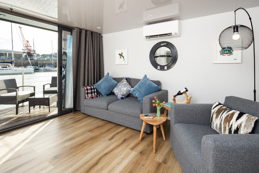 Lounge area with doors to deck