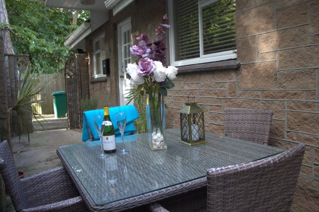 Private seating patio area outside the kitchen